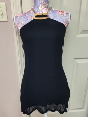 Cache Black Halter Knit Tank Top with Gold Neck Chain